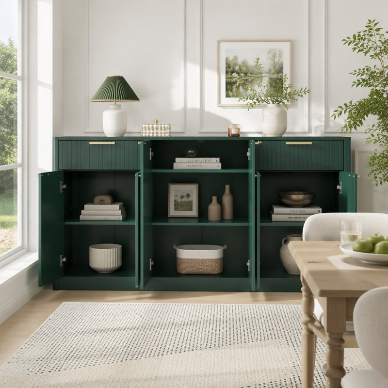 Grand buffet cannelé à 6 portes et 2 tiroirs, Vert foncé