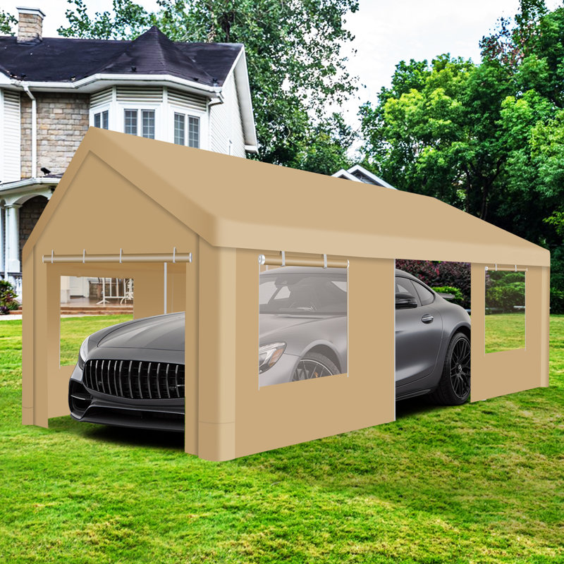 12x20 Carport Heavy Duty Car Canopy Garage with Roll-Up Ventilation Windows, Khaki
