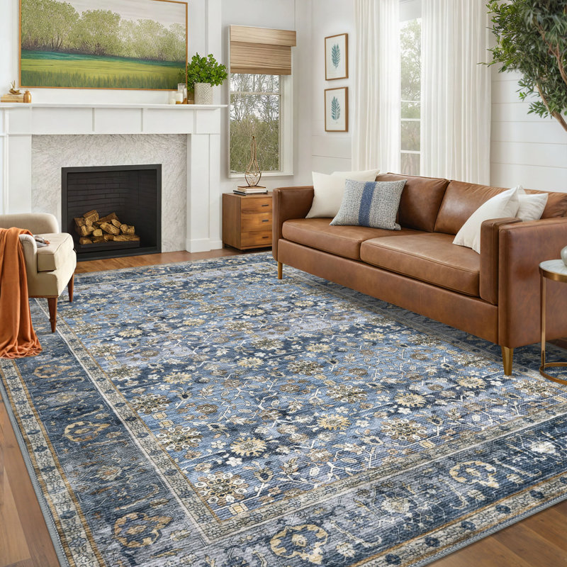 Area Rug Machine Washable Rug Oriental Indoor Rugs with Non-Slip Backing, Rectangle 6' x 9', Blue/Gray/Beige