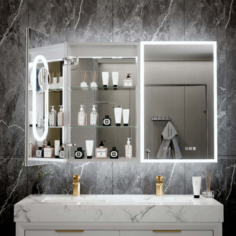 Armoire à pharmacie intelligente à DEL avec prise GFCI et charnières Blum, avant et rétroéclairé, prise haute puissance intégrée Buil, gradation continue et antibuée, conception intégrée, rangement multifonctionnel pour la salle de bain