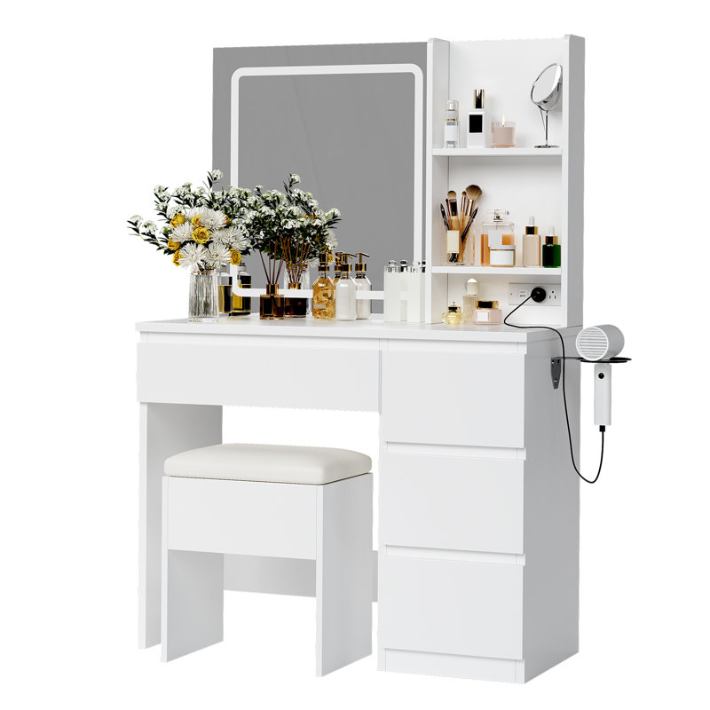 Makeup Vanity Desk Set with Lighted Mirror, LED Lighting, 4 Drawers, Storage Stool, Built-In Power Outlet & Shelves, Dressing Table for Bedroom or Dressing Room