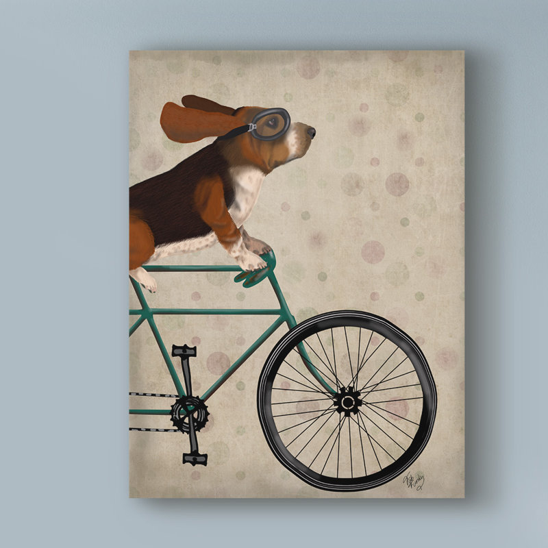 « basset hound on bicycle », reproduction d’impression sur toile tendue, H 32 po x l 24 po x p 2 po