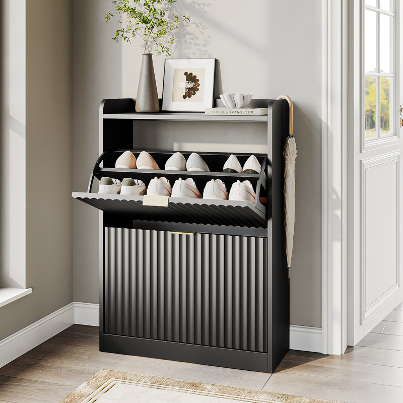 Alma 12 Pair Shoe Cabinet With 2 Flip Drawers, 4-Tier Shoe Organizer With Adjustable Shelves, White