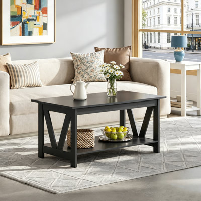 39.4" Farmhouse Coffee Table With Storage Shelf, V-Frame Support, 2-Tier Wood Rustic Center Table For Living Room, Bedroom Balcony