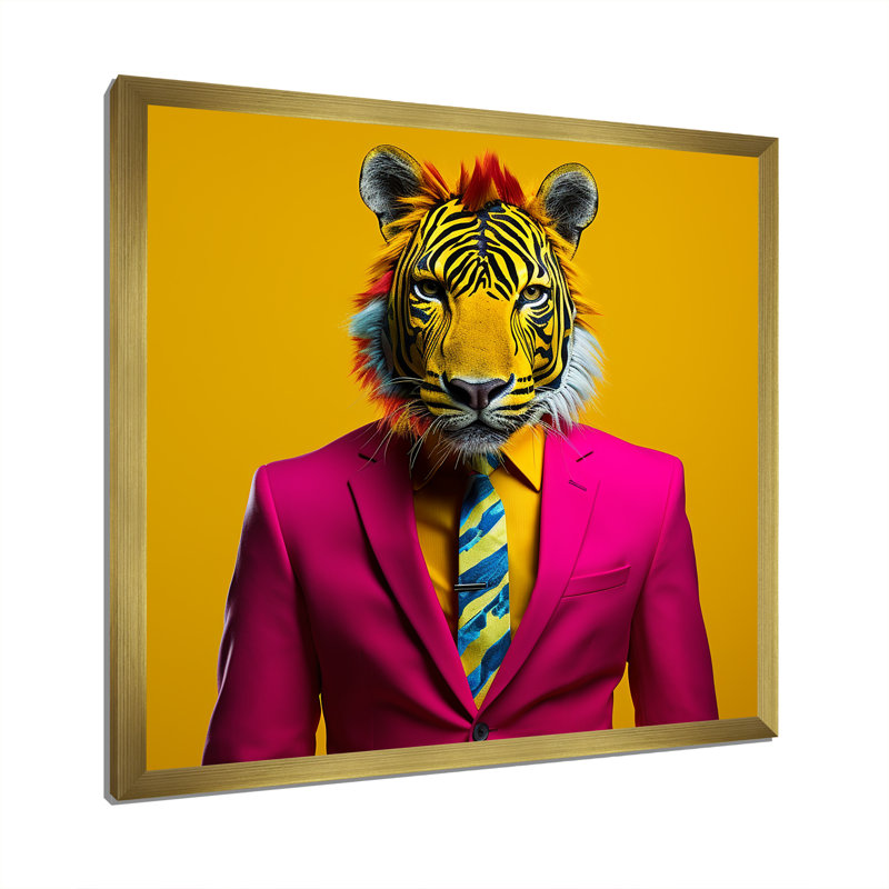 Rose avec tigre - art mural tigre, H 30 po x l 30 po x P 1,5 po, Cadre doré simple