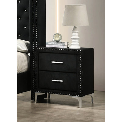 Table de chevet glamour pour chambre à coucher, deux unités, tissu rembourré, rehausse de clou, verre trempé de 8 mm, table de chevet en bois avec 2 tiroirs, revêtement, capitonnage, fabrication solide,