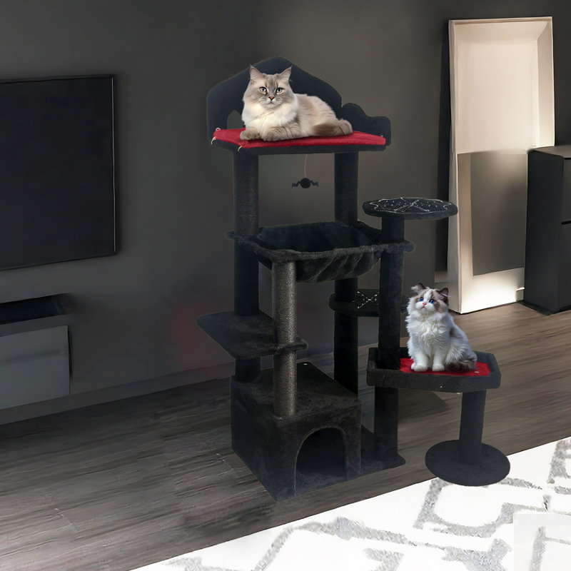 Arbre à chat, conception effrayante à plusieurs niveaux avec poteaux à griffer, perchoirs, hamac et caverne pour chat - jouet interactif inclus