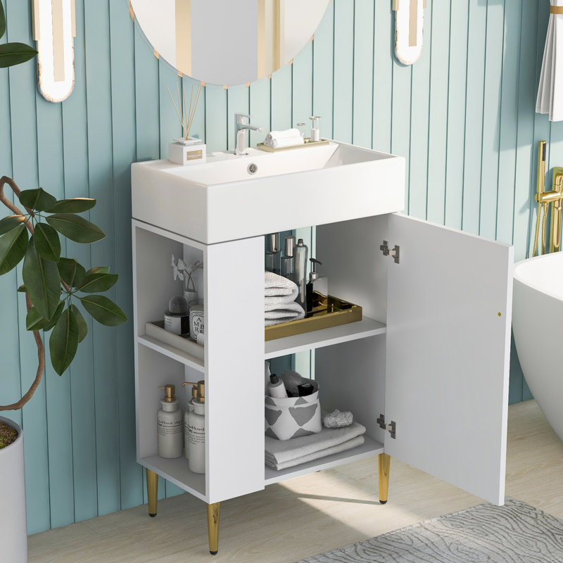 Meuble-lavabo 21,6 po, armoire combinée, meuble de rangement, lavabo simple en céramique, rangement à gauche, meuble-lavabo