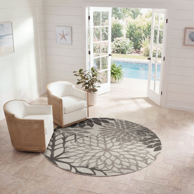 Tapis intérieur / extérieur à motif floral Arnkell, Rond 5 pi 3 po