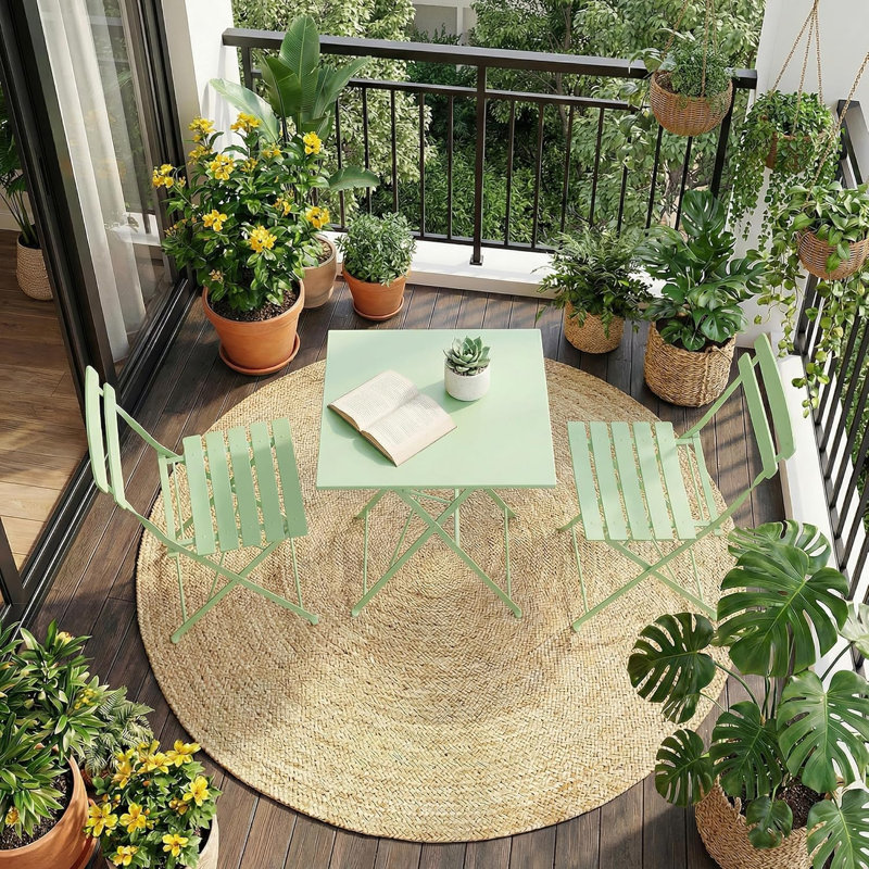 Ensemble bistro de patio pliable 3 pièces, table et chaises en métal d'extérieur / d'intérieur, table carrée compacte avec 2 chaises pliantes pour balcon, porche, jardin, appartement