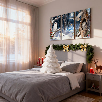 Ensemble de 3 impressions sur toile de Noël, hibou enneigé et forêt au clair de lune