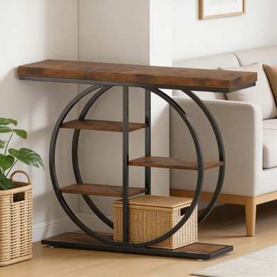 Industrial Console Table With Storage Shelves, 5-Tier Sofa Table For Entryway, Hallway, Or Living Room, Rustic Brown Wood And Metal Frame Accent Furni