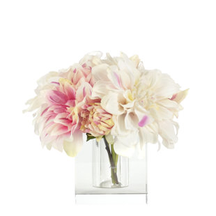 Dahlia, rose blanc, vase en verre, l 8 x P 8 x H 7