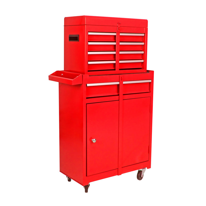 Coffre de rangement pour 5 outils avec roulettes verrouillables, plateau amovible et tablette réglable - Organisateur de garage atelier rouge