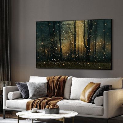 Extra Large Framed Wall Art Magical Firefly Forest at Twilight, Enchanted Nature Scene for Home Living Room Bedroom Decor (Frame Assembly Required)