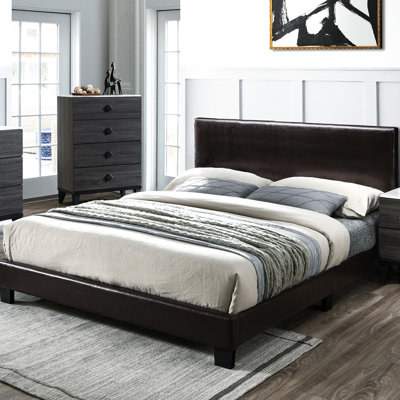 Lit double contemporain avec tête de lit tapissier réglable en similicuir, couleur, mobilier de chambre à coucher, cadre brun