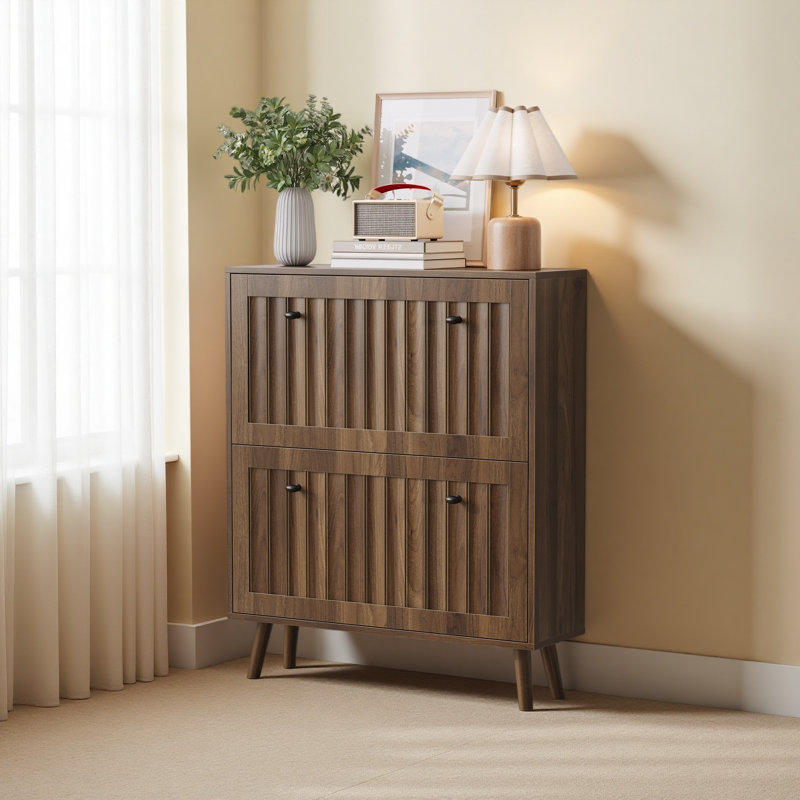 Medieval-Style Modern Shoe Cabinet, Upright Shoe Storage Unit With Vertical Grooved Finish, 31.5-Inch Walnut-Colored Shoe Cabinet