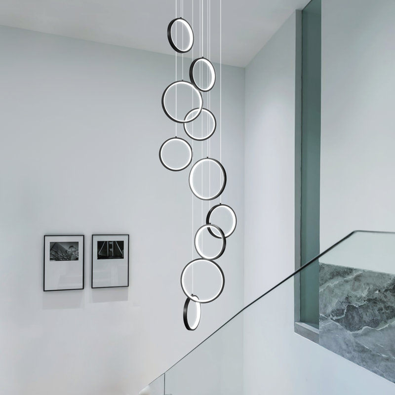 Adaleena 10 - Light LED Dimmable Geometric Long Chandelier Hanging Pendant for Staircase, Matte Black