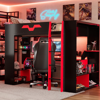 Full Size Wood Loft Bed with Power Outlet & USB/Type-C Ports, Integrated Cable Management, and RGB Light, Red