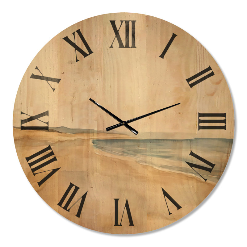 Très grande horloge murale côtière - horizon de plage neutre, imprimée sur bois, Surdimensionné