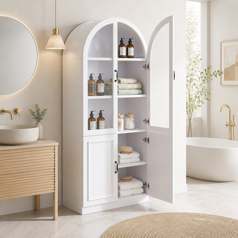 Armoire de salle de bain autoportante à dessus arqué avec portes et tablettes réglables