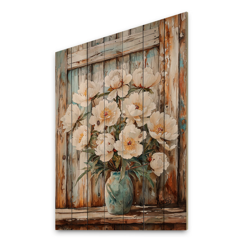 Peonies By The Barn Door IV - Peonies Wood Wall Decor - On Natural Pine Wood, 40" H x 30" W x 0.78" D