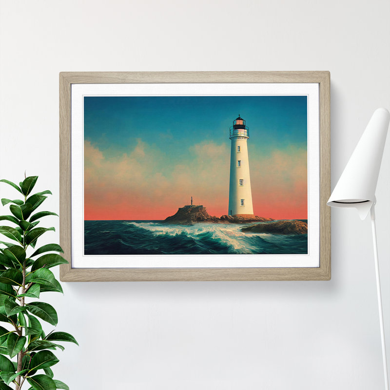 Charismatic Lighthouse - Framed Print, 46cm H x 64cm W x 2cm D, Oak