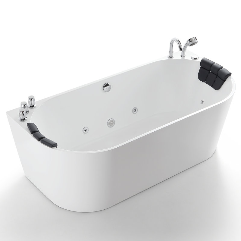 59'' White Freestanding Acrylic Whirlpool Bathtub with Faucet