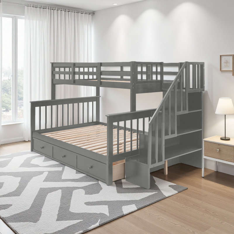 Stairway Twin-Over-Full Bunk Bed With Drawer, Storage And Guard Rail For Bedroom, Dorm, For Adults, Gray