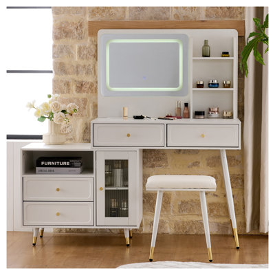 Coiffeuse moderne avec miroir DEL, table de maquillage rétractable avec tiroirs et armoire, coiffeuse compacte avec prise électrique pour chambre, blanche