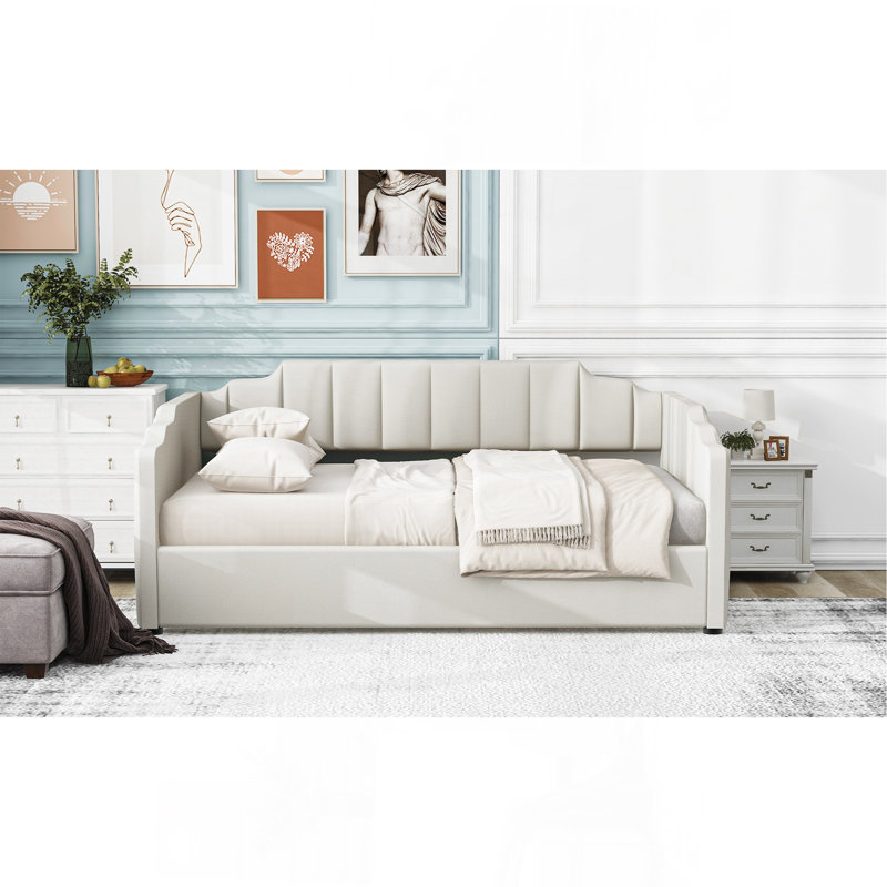 Lit de jour rembourré avec rangement inférieur, Beige, Complet/Double