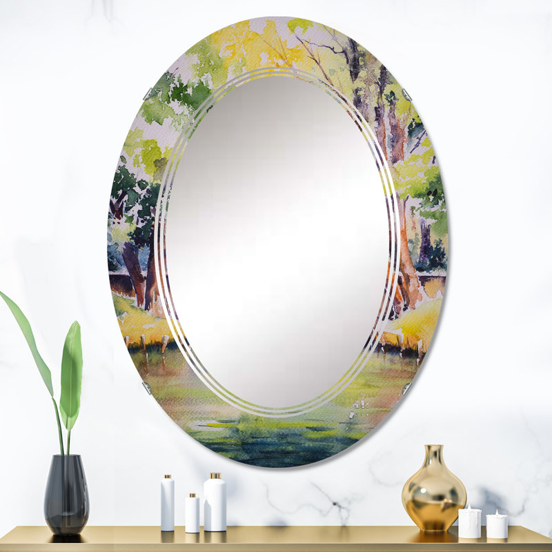 Bridge Over River In Green Park - Miroir mural traditionnel ovale, 36 po x 24 po