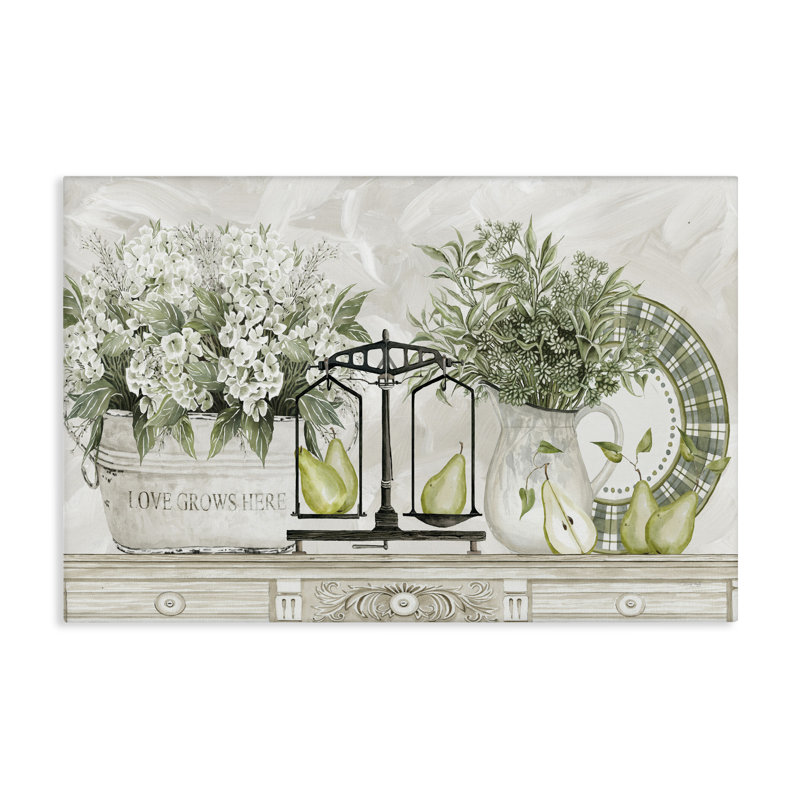 Fleurs et poires sur toile, design par Cindy Jacobs, H 16 po x l 24 po