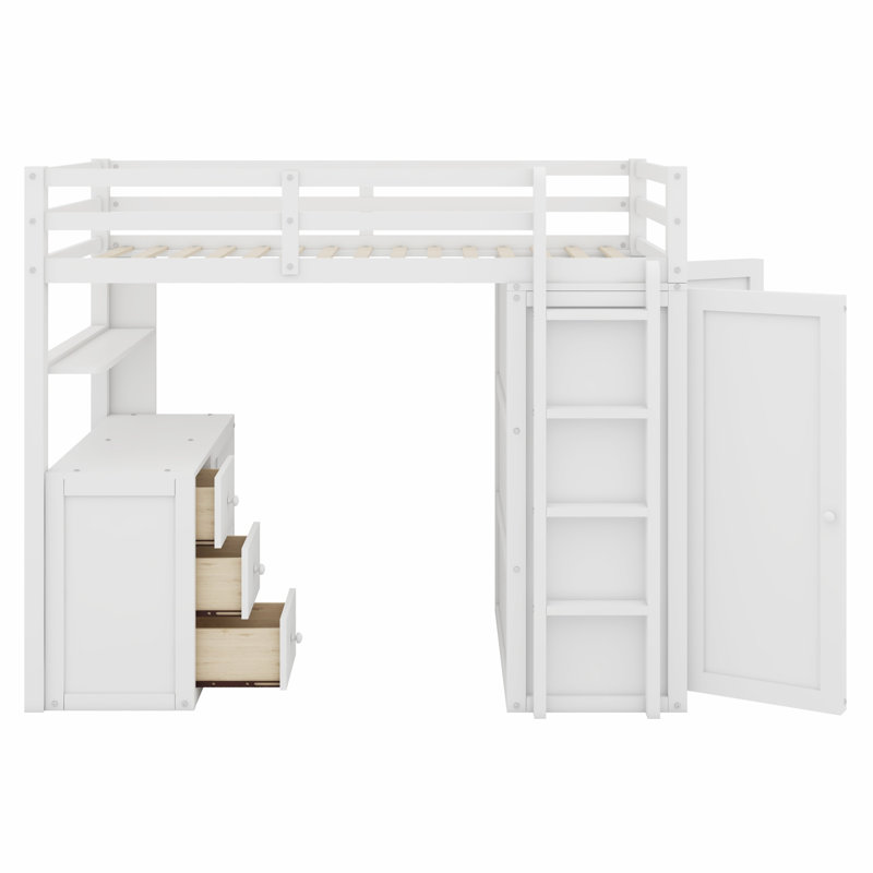 Lit mezzanine tout-en-un avec bureau intégré, tiroirs de rangement et garde-robe