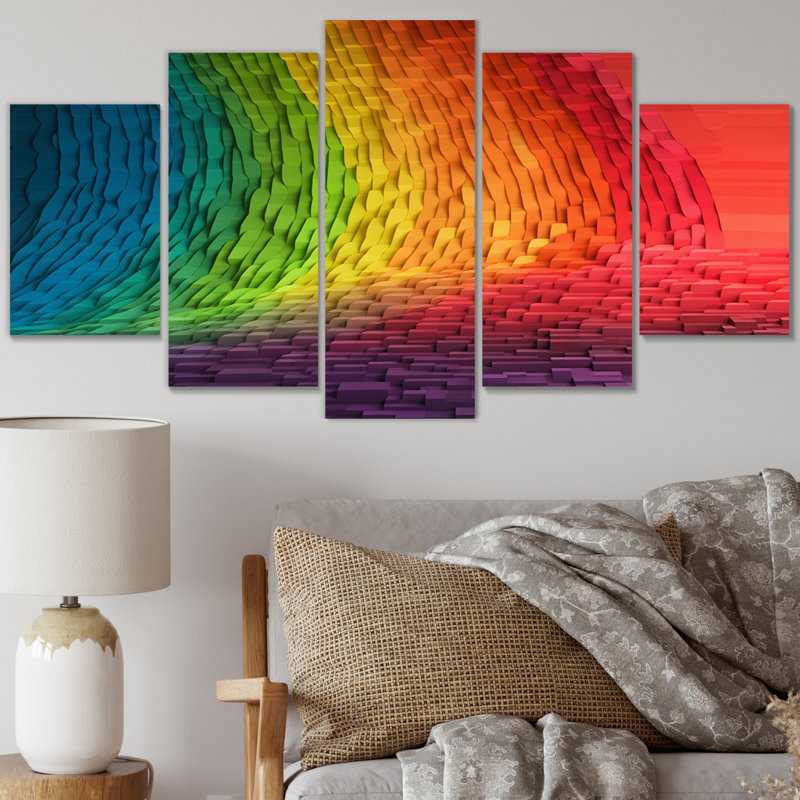 Waveforms Représentant un arc-en-ciel - Formes abstraites, reproduction sur toile - 5 panneaux