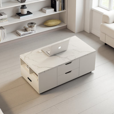 Modern Lift-Up Coffee Table With 2 Stools Set For Living Room Expandable Hidden Storage , Drawers Space Saving Folding Dining Table