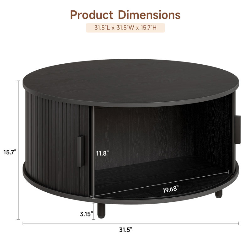 31.5" Modern Round Coffee Table With 360° Curved Sliding Door., Black