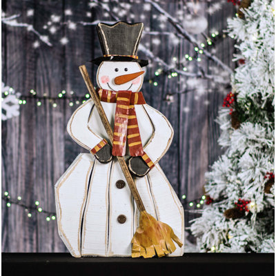  Wooden Snowman with Broom Figurine