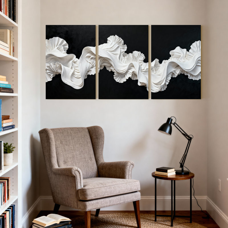 Abstrait blanc sculptural vagues sur fond noir, ensemble de 3 impressions d'art sur toile, H 24 po x l 48 po