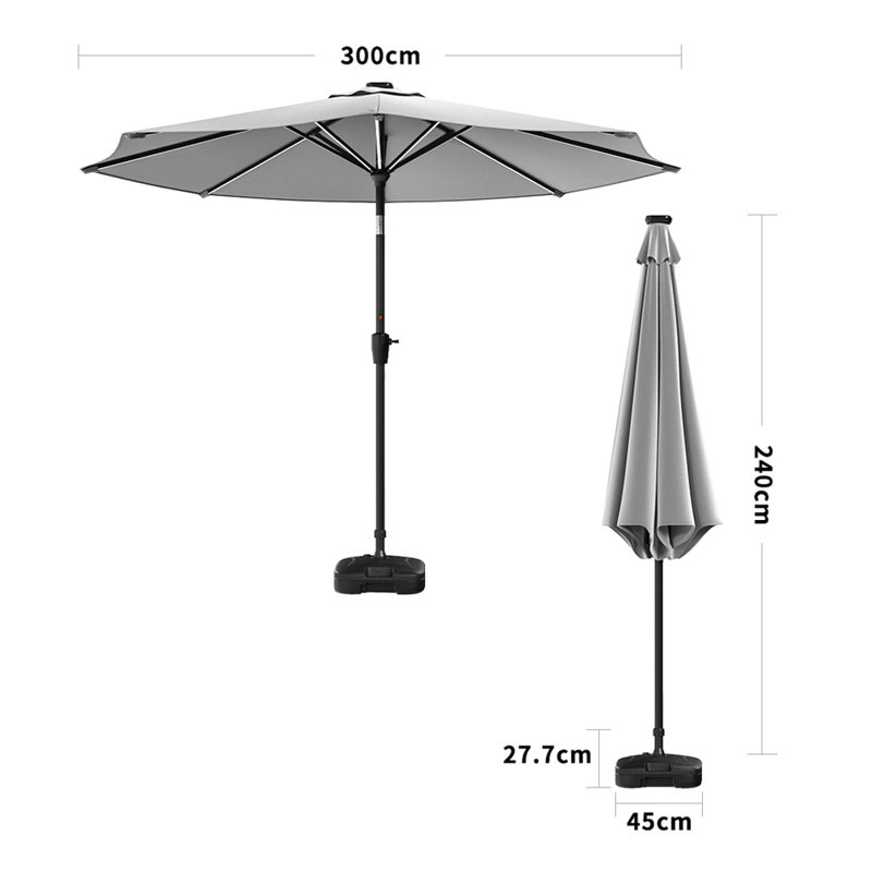 Aisya 3m Traditional Parasol with LED Light, Light Grey