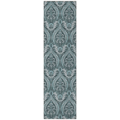 8' Runner Teal Damask Washable Non Skid Indoor Outdoor Runner Rug