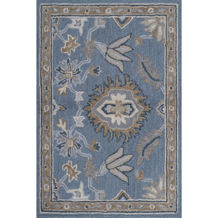 Greer Hand Tufted Wool Floral/Oriental Area Rug in Denim/Brown/Cream/Tan/Teal