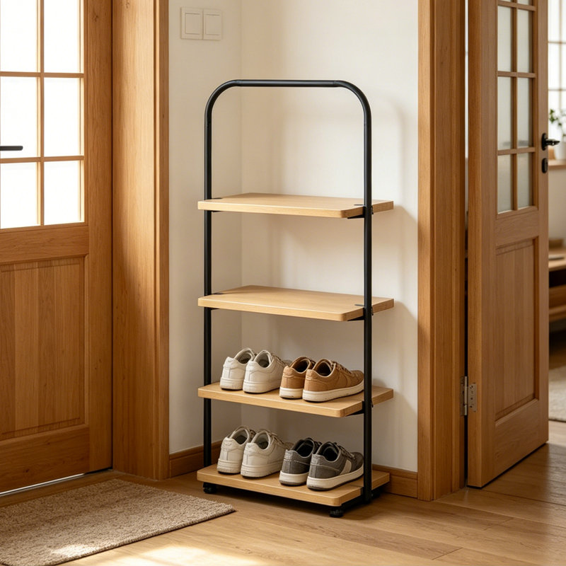 4-Tier Wooden Shoe Ladder, Black Frame with Light Honey Wood Shelves, Holds Up to 4 Pairs, Ideal for Entryway or Bedroom Corner
