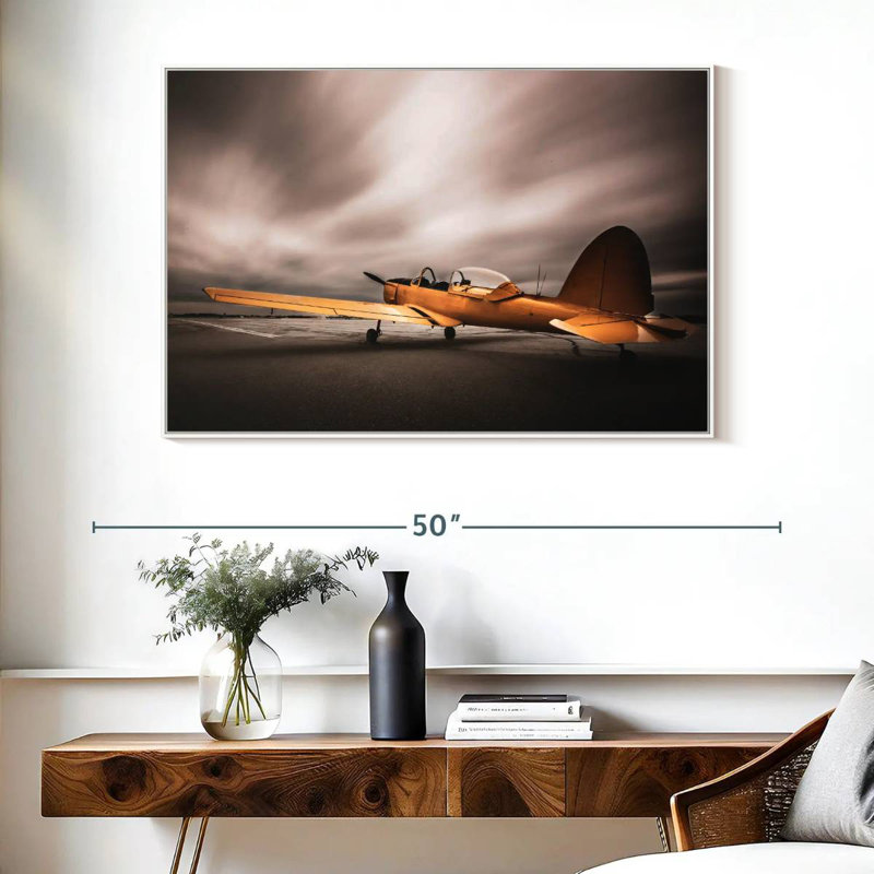 Avion jaune rétro, Cadre flottant blanc, 40 po x 27 po