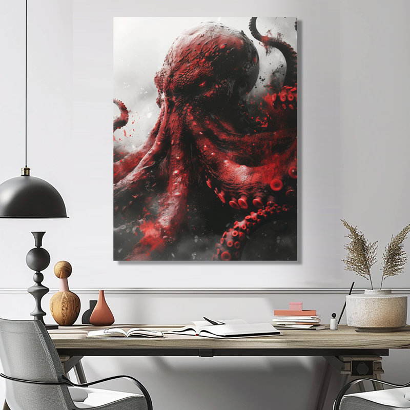 «Red Grey Kraken Mythical Creature III - Décoration murale créatures mythiques, Toile tendue, H 32 po x l 16 po x P 1 po