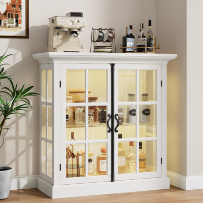 43" LED Curio Cabinet with Adjustable Shelves, Vintage Glass Display Cabinet, China Cabinet with Tempered Glass Doors, Wine Bar Cabinet with Wine Glass Holder for Living Room, Entryway