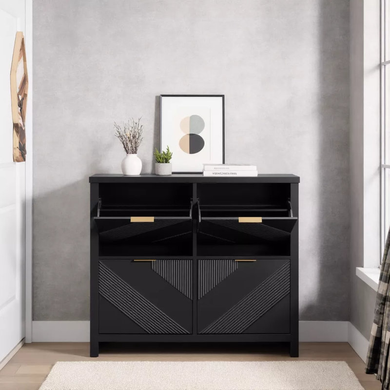 Flip Drawer Shoe Cabinet With Four Compartments Holds 16 To 25 Pairs Slim Freestanding Entryway Cabinet, Black