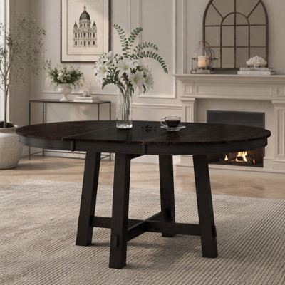 Farmhouse Round Extendable Dining Table with 16" Leaf Wood Kitchen Table (Espresso)