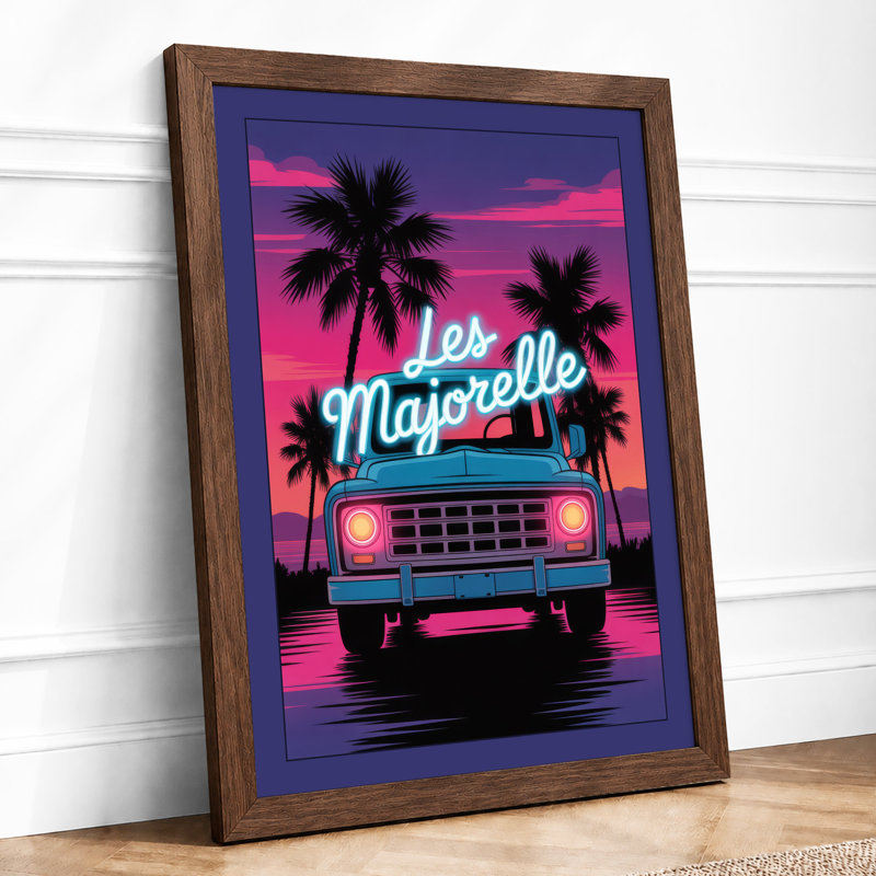 Neon Sunset Truck Retro - Framed Print, A3 - 42.0 x 29.7 cm, Walnut