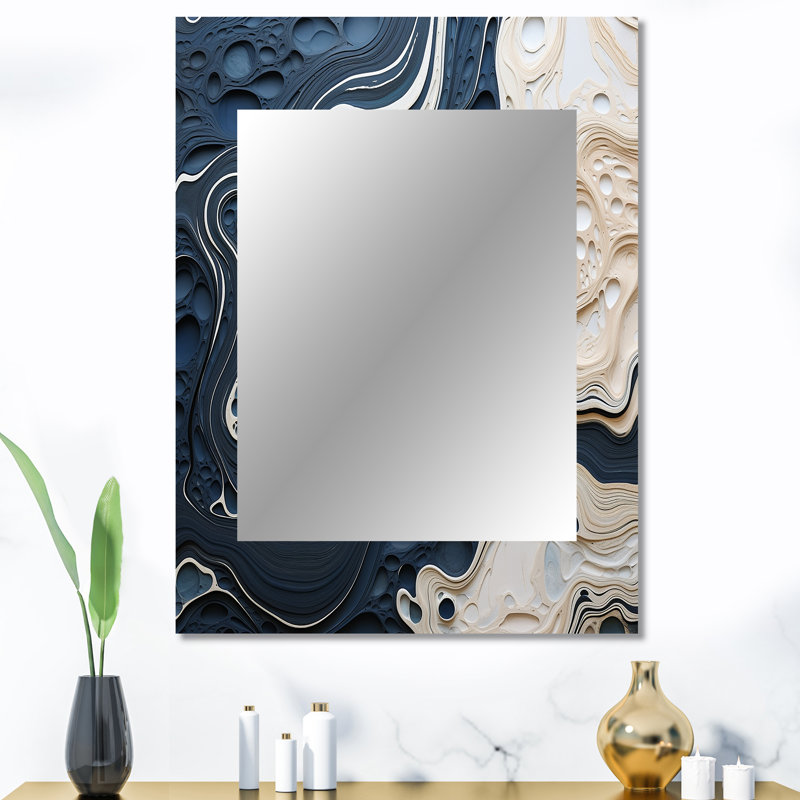 Peinture abstraite crème et bleu liquide - grand miroir côtier, miroir mural crème décoratif, impression d'art en métal